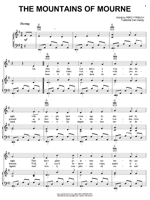 Preview Percy French The Mountains Of Mourne World sheet music, notes and chords for Piano, Vocal & Guitar (Right-Hand Melody), SKU: 25921 sheet music, piano notes, chords, guitar tabs, score, transpose, transcribe, how to play, guide, download, learn, tutorial, progression, song, artist, awards, billboard, mtv, vh1, tour, single, album, release
