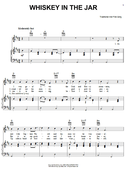 Preview Irish Folksong Whiskey In The Jar World sheet music, notes and chords for Piano, Vocal & Guitar (Right-Hand Melody), SKU: 25924 sheet music, piano notes, chords, guitar tabs, score, transpose, transcribe, how to play, guide, download, learn, tutorial, progression, song, artist, awards, billboard, mtv, vh1, tour, single, album, release