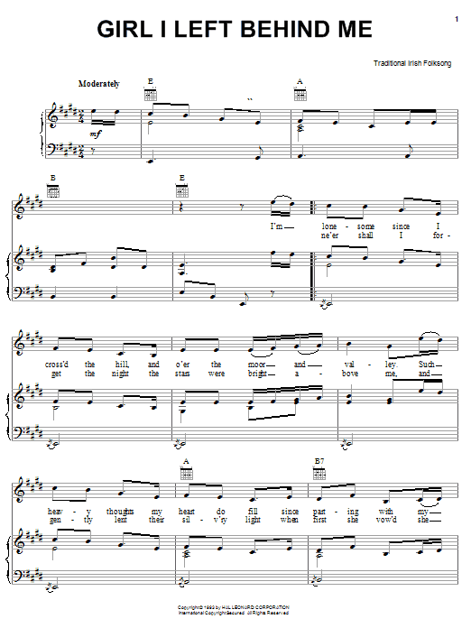 Preview Irish Folksong Girl I Left Behind Me World sheet music, notes and chords for Piano, Vocal & Guitar (Right-Hand Melody), SKU: 25943 sheet music, piano notes, chords, guitar tabs, score, transpose, transcribe, how to play, guide, download, learn, tutorial, progression, song, artist, awards, billboard, mtv, vh1, tour, single, album, release