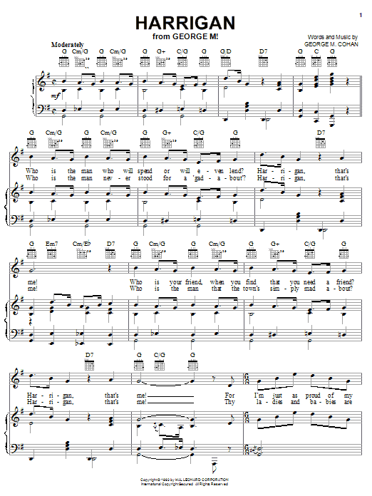 Preview George M. Cohan Harrigan World sheet music, notes and chords for Piano, Vocal & Guitar (Right-Hand Melody), SKU: 25944 sheet music, piano notes, chords, guitar tabs, score, transpose, transcribe, how to play, guide, download, learn, tutorial, progression, song, artist, awards, billboard, mtv, vh1, tour, single, album, release