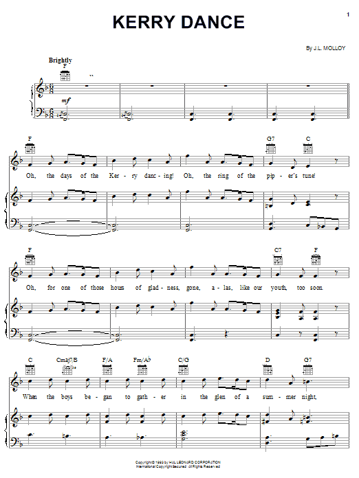 Preview James L. Molloy Kerry Dance World sheet music, notes and chords for Piano, Vocal & Guitar (Right-Hand Melody), SKU: 25946 sheet music, piano notes, chords, guitar tabs, score, transpose, transcribe, how to play, guide, download, learn, tutorial, progression, song, artist, awards, billboard, mtv, vh1, tour, single, album, release