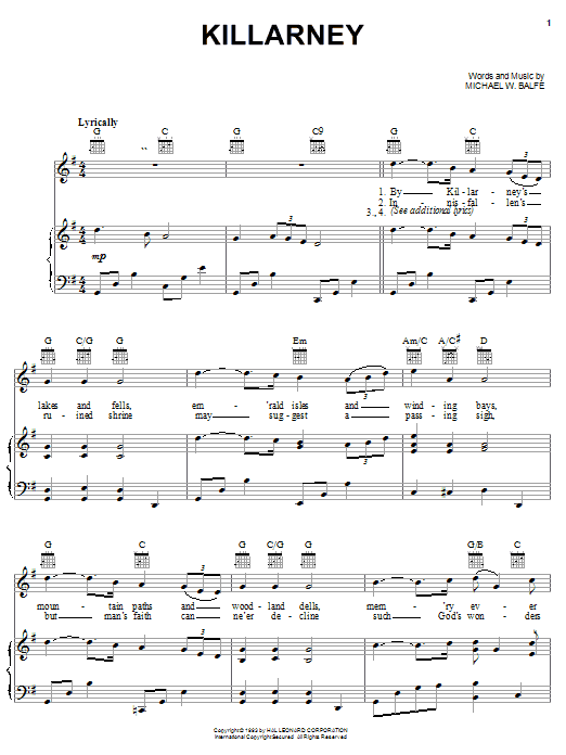 Preview Michael W. Balfe Killarney World sheet music, notes and chords for Piano, Vocal & Guitar (Right-Hand Melody), SKU: 25947 sheet music, piano notes, chords, guitar tabs, score, transpose, transcribe, how to play, guide, download, learn, tutorial, progression, song, artist, awards, billboard, mtv, vh1, tour, single, album, release