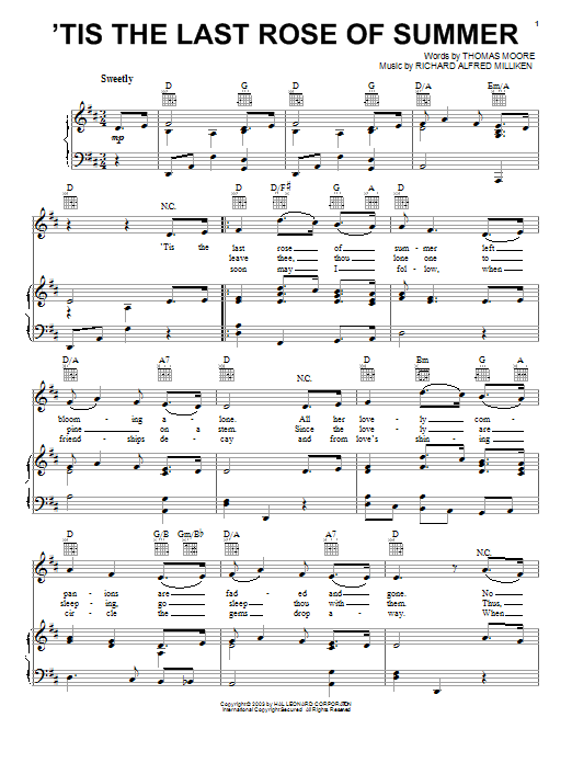Preview Thomas Moore 'Tis The Last Rose Of Summer World sheet music, notes and chords for Piano, Vocal & Guitar (Right-Hand Melody), SKU: 25948 sheet music, piano notes, chords, guitar tabs, score, transpose, transcribe, how to play, guide, download, learn, tutorial, progression, song, artist, awards, billboard, mtv, vh1, tour, single, album, release