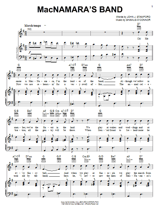 Preview Shamus O'Connor MacNamara's Band World sheet music, notes and chords for Piano, Vocal & Guitar (Right-Hand Melody), SKU: 25950 sheet music, piano notes, chords, guitar tabs, score, transpose, transcribe, how to play, guide, download, learn, tutorial, progression, song, artist, awards, billboard, mtv, vh1, tour, single, album, release