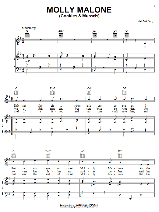 Preview Irish Folksong Molly Malone (Cockles & Mussels) World sheet music, notes and chords for Piano, Vocal & Guitar (Right-Hand Melody), SKU: 25953 sheet music, piano notes, chords, guitar tabs, score, transpose, transcribe, how to play, guide, download, learn, tutorial, progression, song, artist, awards, billboard, mtv, vh1, tour, single, album, release