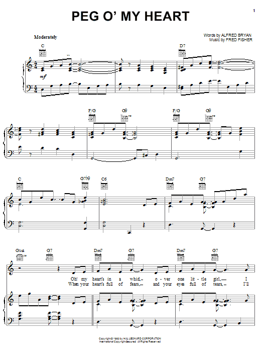 Preview Fred Fisher Peg O' My Heart World sheet music, notes and chords for Piano, Vocal & Guitar (Right-Hand Melody), SKU: 25954 sheet music, piano notes, chords, guitar tabs, score, transpose, transcribe, how to play, guide, download, learn, tutorial, progression, song, artist, awards, billboard, mtv, vh1, tour, single, album, release