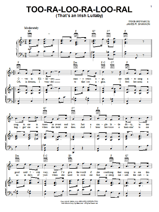 Preview James R. Shannon Too-Ra-Loo-Ra-Loo-Ral (That's An Irish Lullaby) World sheet music, notes and chords for Piano, Vocal & Guitar (Right-Hand Melody), SKU: 25960 sheet music, piano notes, chords, guitar tabs, score, transpose, transcribe, how to play, guide, download, learn, tutorial, progression, song, artist, awards, billboard, mtv, vh1, tour, single, album, release