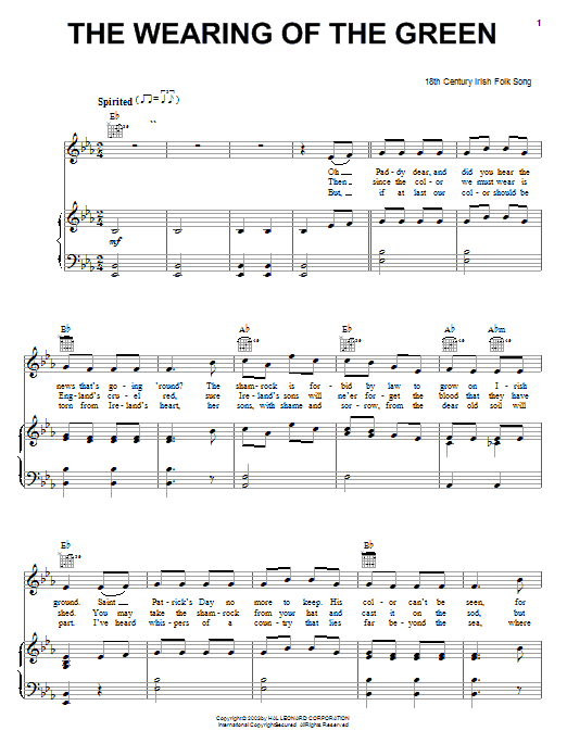 Preview Irish Folksong The Wearing Of The Green World sheet music, notes and chords for Piano, Vocal & Guitar (Right-Hand Melody), SKU: 25961 sheet music, piano notes, chords, guitar tabs, score, transpose, transcribe, how to play, guide, download, learn, tutorial, progression, song, artist, awards, billboard, mtv, vh1, tour, single, album, release
