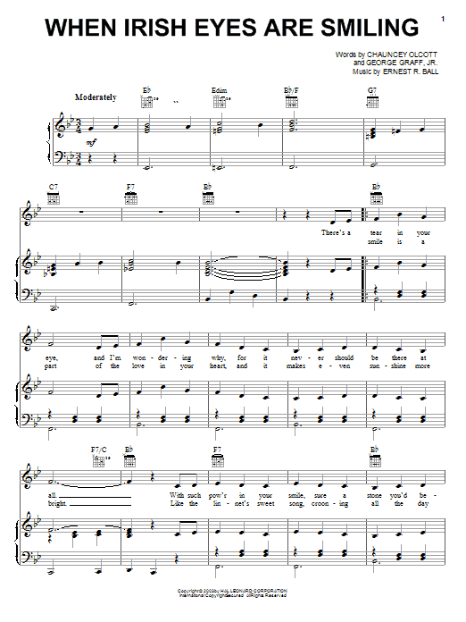 Preview Ernest R. Ball When Irish Eyes Are Smiling World sheet music, notes and chords for Piano, Vocal & Guitar (Right-Hand Melody), SKU: 25962 sheet music, piano notes, chords, guitar tabs, score, transpose, transcribe, how to play, guide, download, learn, tutorial, progression, song, artist, awards, billboard, mtv, vh1, tour, single, album, release