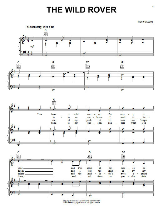 Preview Irish Folksong Wild Rover World sheet music, notes and chords for Piano, Vocal & Guitar (Right-Hand Melody), SKU: 25963 sheet music, piano notes, chords, guitar tabs, score, transpose, transcribe, how to play, guide, download, learn, tutorial, progression, song, artist, awards, billboard, mtv, vh1, tour, single, album, release