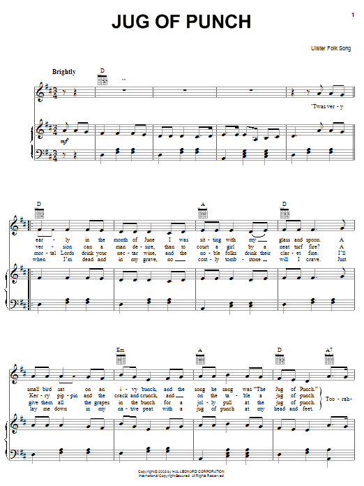 Preview Ulster Folk Song Jug Of Punch World sheet music, notes and chords for Piano, Vocal & Guitar (Right-Hand Melody), SKU: 25970 sheet music, piano notes, chords, guitar tabs, score, transpose, transcribe, how to play, guide, download, learn, tutorial, progression, song, artist, awards, billboard, mtv, vh1, tour, single, album, release