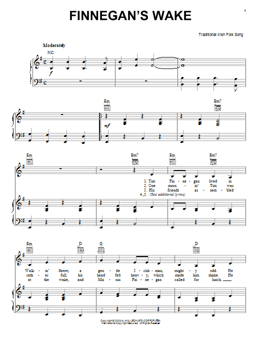 Preview Irish Folksong Finnegan's Wake World sheet music, notes and chords for Piano, Vocal & Guitar (Right-Hand Melody), SKU: 25973 sheet music, piano notes, chords, guitar tabs, score, transpose, transcribe, how to play, guide, download, learn, tutorial, progression, song, artist, awards, billboard, mtv, vh1, tour, single, album, release
