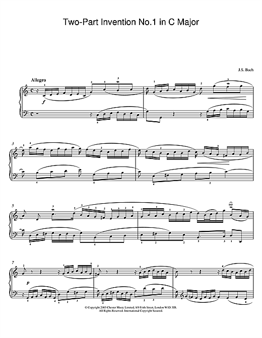 Preview Johann Sebastian Bach Two-Part Invention No. 1 in C Major Pastoral sheet music, notes and chords for Piano, SKU: 25975 sheet music, piano notes, chords, guitar tabs, score, transpose, transcribe, how to play, guide, download, learn, tutorial, progression, song, artist, awards, billboard, mtv, vh1, tour, single, album, release