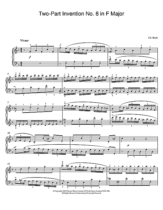 Preview Johann Sebastian Bach Two-Part Invention No. 8 in F Major Pastoral sheet music, notes and chords for Piano, SKU: 25977 sheet music, piano notes, chords, guitar tabs, score, transpose, transcribe, how to play, guide, download, learn, tutorial, progression, song, artist, awards, billboard, mtv, vh1, tour, single, album, release