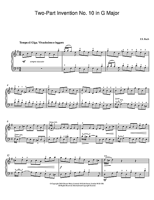 Preview Johann Sebastian Bach Two-Part Invention No. 10 in G Major Pastoral sheet music, notes and chords for Piano, SKU: 25978 sheet music, piano notes, chords, guitar tabs, score, transpose, transcribe, how to play, guide, download, learn, tutorial, progression, song, artist, awards, billboard, mtv, vh1, tour, single, album, release
