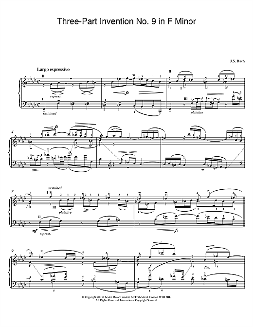 Preview Johann Sebastian Bach Three-Part Invention No. 9 in F Minor Pastoral sheet music, notes and chords for Piano, SKU: 25979 sheet music, piano notes, chords, guitar tabs, score, transpose, transcribe, how to play, guide, download, learn, tutorial, progression, song, artist, awards, billboard, mtv, vh1, tour, single, album, release