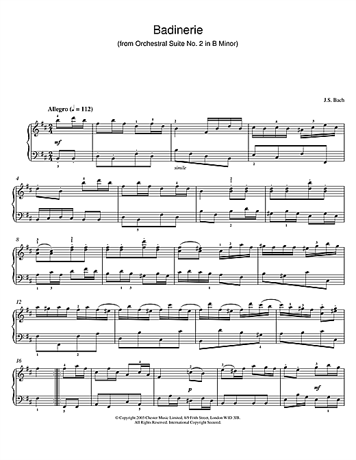 Preview Johann Sebastian Bach Badinerie (from Orchestral Suite No. 2 in B Minor) Pastoral sheet music, notes and chords for Piano, SKU: 25981 sheet music, piano notes, chords, guitar tabs, score, transpose, transcribe, how to play, guide, download, learn, tutorial, progression, song, artist, awards, billboard, mtv, vh1, tour, single, album, release
