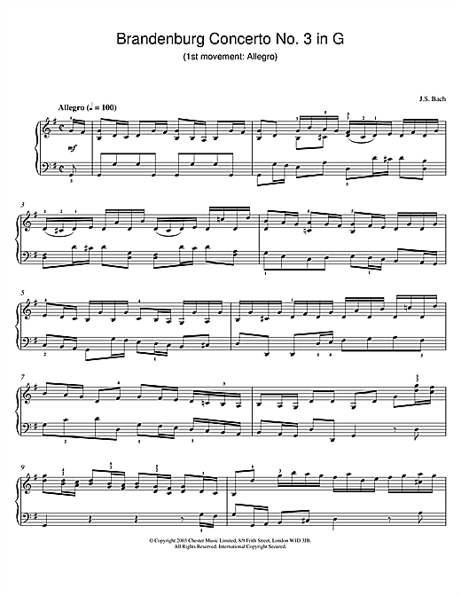 Preview Johann Sebastian Bach Brandenburg Concerto No. 3 in G (1st movement: Allegro) Pastoral sheet music, notes and chords for Piano, SKU: 25982 sheet music, piano notes, chords, guitar tabs, score, transpose, transcribe, how to play, guide, download, learn, tutorial, progression, song, artist, awards, billboard, mtv, vh1, tour, single, album, release
