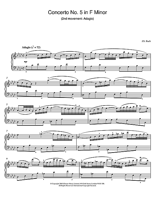 Preview Johann Sebastian Bach Piano Concerto No. 5 in F Minor (2nd movement: Adagio) Pastoral sheet music, notes and chords for Piano, SKU: 25983 sheet music, piano notes, chords, guitar tabs, score, transpose, transcribe, how to play, guide, download, learn, tutorial, progression, song, artist, awards, billboard, mtv, vh1, tour, single, album, release
