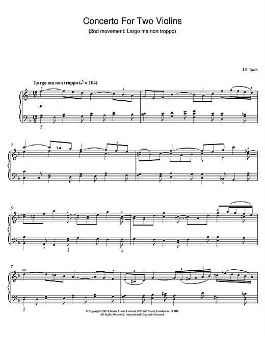 Preview Johann Sebastian Bach Concerto For Two Violins (2nd movement: Largo ma non troppo) Pastoral sheet music, notes and chords for Piano, SKU: 25984 sheet music, piano notes, chords, guitar tabs, score, transpose, transcribe, how to play, guide, download, learn, tutorial, progression, song, artist, awards, billboard, mtv, vh1, tour, single, album, release