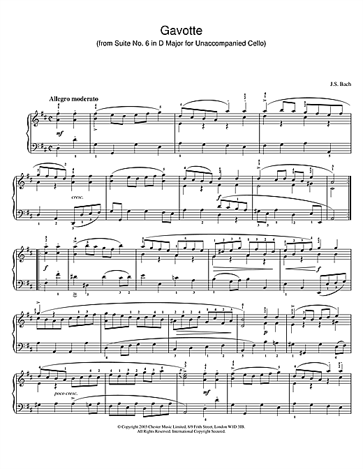 Preview Johann Sebastian Bach Gavotte (from Suite No. 6 in D Major for Unaccompanied Cello) Pastoral sheet music, notes and chords for Piano, SKU: 25986 sheet music, piano notes, chords, guitar tabs, score, transpose, transcribe, how to play, guide, download, learn, tutorial, progression, song, artist, awards, billboard, mtv, vh1, tour, single, album, release