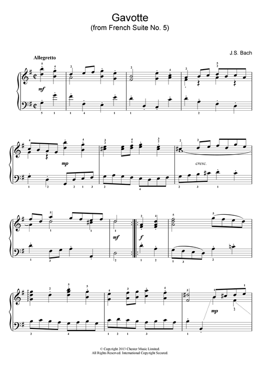 Preview Johann Sebastian Bach Gavotte (from French Suite No. 5) Pastoral sheet music, notes and chords for Piano, SKU: 25987 sheet music, piano notes, chords, guitar tabs, score, transpose, transcribe, how to play, guide, download, learn, tutorial, progression, song, artist, awards, billboard, mtv, vh1, tour, single, album, release