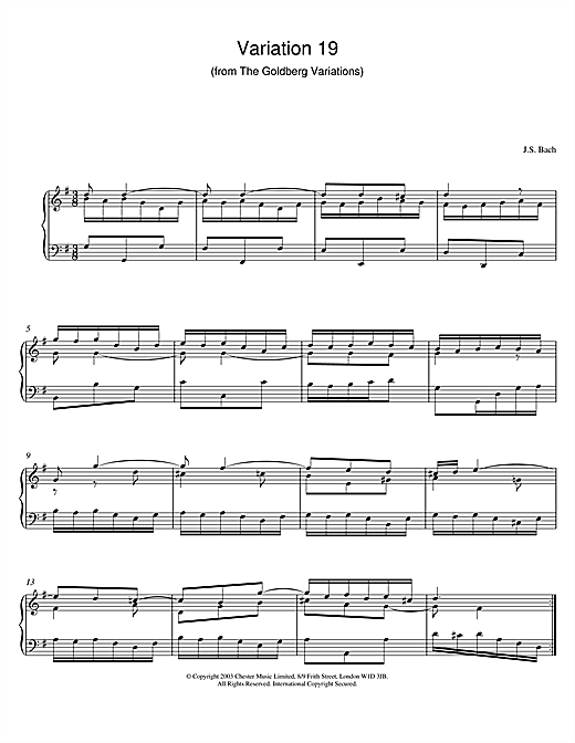Preview Johann Sebastian Bach Variation 19 (from The Goldberg Variations) Pastoral sheet music, notes and chords for Piano, SKU: 25989 sheet music, piano notes, chords, guitar tabs, score, transpose, transcribe, how to play, guide, download, learn, tutorial, progression, song, artist, awards, billboard, mtv, vh1, tour, single, album, release