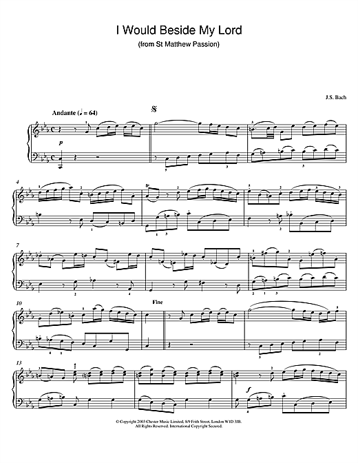 Preview Johann Sebastian Bach I Would Beside My Lord (from St Matthew Passion) Pastoral sheet music, notes and chords for Piano, SKU: 25991 sheet music, piano notes, chords, guitar tabs, score, transpose, transcribe, how to play, guide, download, learn, tutorial, progression, song, artist, awards, billboard, mtv, vh1, tour, single, album, release