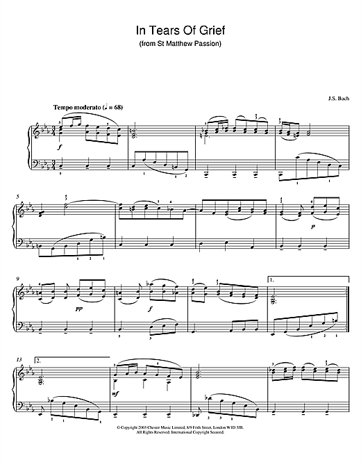 Preview Johann Sebastian Bach In Tears Of Grief (from St Matthew Passion) Pastoral sheet music, notes and chords for Piano, SKU: 25992 sheet music, piano notes, chords, guitar tabs, score, transpose, transcribe, how to play, guide, download, learn, tutorial, progression, song, artist, awards, billboard, mtv, vh1, tour, single, album, release