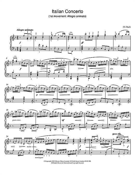 Preview Johann Sebastian Bach Italian Concerto (1st movement: Allegro animato) Pastoral sheet music, notes and chords for Piano, SKU: 25993 sheet music, piano notes, chords, guitar tabs, score, transpose, transcribe, how to play, guide, download, learn, tutorial, progression, song, artist, awards, billboard, mtv, vh1, tour, single, album, release
