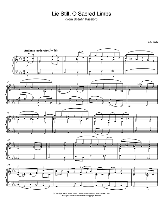 Preview Johann Sebastian Bach Lie Still, O Sacred Limbs (from St John Passion) Pastoral sheet music, notes and chords for Piano, SKU: 25995 sheet music, piano notes, chords, guitar tabs, score, transpose, transcribe, how to play, guide, download, learn, tutorial, progression, song, artist, awards, billboard, mtv, vh1, tour, single, album, release