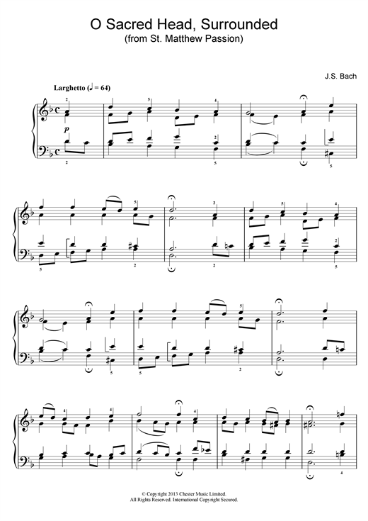 Preview Johann Sebastian Bach O Sacred Head, Surrounded (from St Matthew Passion) Pastoral sheet music, notes and chords for Piano, SKU: 25997 sheet music, piano notes, chords, guitar tabs, score, transpose, transcribe, how to play, guide, download, learn, tutorial, progression, song, artist, awards, billboard, mtv, vh1, tour, single, album, release