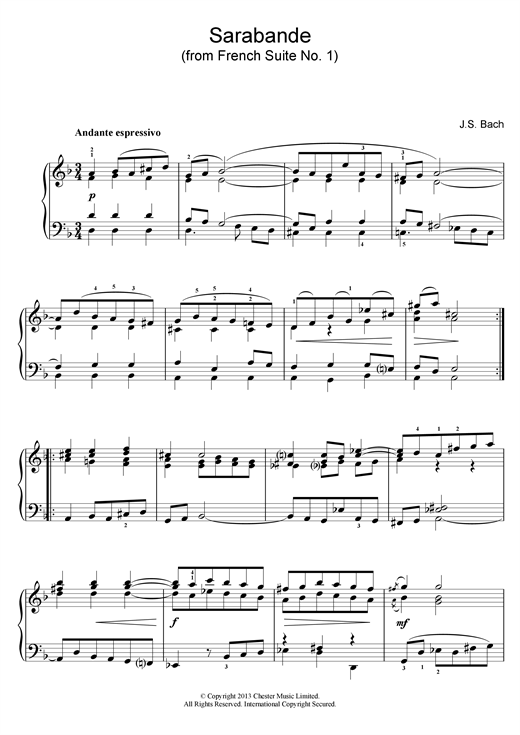 Preview Johann Sebastian Bach Sarabande (from French Suite No. 1) Pastoral sheet music, notes and chords for Piano, SKU: 26000 sheet music, piano notes, chords, guitar tabs, score, transpose, transcribe, how to play, guide, download, learn, tutorial, progression, song, artist, awards, billboard, mtv, vh1, tour, single, album, release