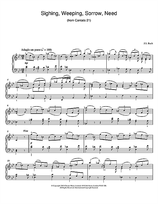 Preview Johann Sebastian Bach Sighing, Weeping, Sorrow, Need (from Cantata 21) Pastoral sheet music, notes and chords for Piano, SKU: 26002 sheet music, piano notes, chords, guitar tabs, score, transpose, transcribe, how to play, guide, download, learn, tutorial, progression, song, artist, awards, billboard, mtv, vh1, tour, single, album, release