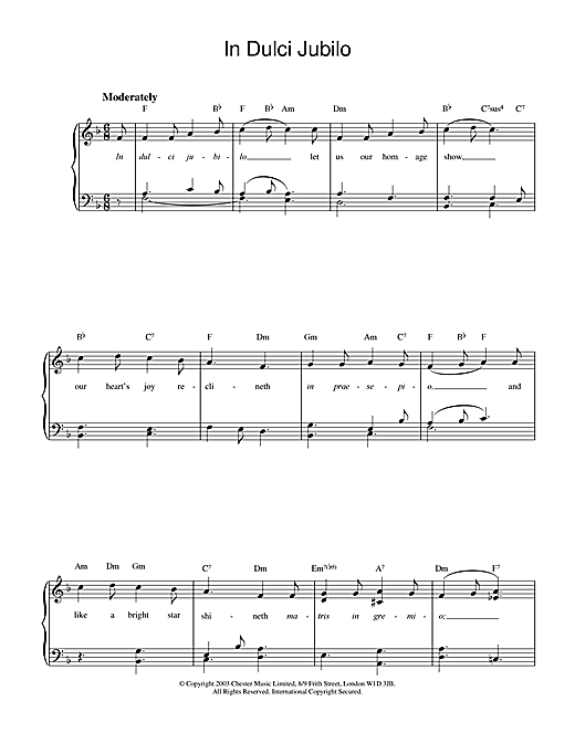 Preview Christmas Carol In Dulci Jubilo Folk sheet music, notes and chords for Easy Piano, SKU: 26017 sheet music, piano notes, chords, guitar tabs, score, transpose, transcribe, how to play, guide, download, learn, tutorial, progression, song, artist, awards, billboard, mtv, vh1, tour, single, album, release