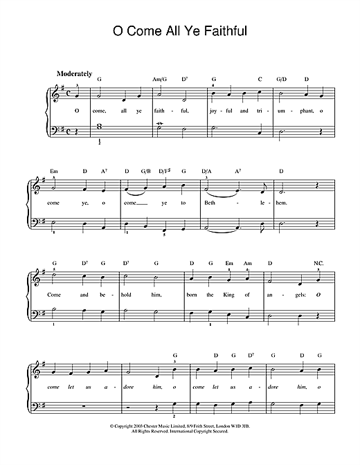 Preview Christmas Carol O Come, All Ye Faithful (Adeste Fideles) Folk sheet music, notes and chords for Easy Piano, SKU: 26023 sheet music, piano notes, chords, guitar tabs, score, transpose, transcribe, how to play, guide, download, learn, tutorial, progression, song, artist, awards, billboard, mtv, vh1, tour, single, album, release