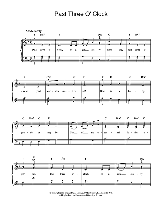 Preview Christmas Carol Past Three O'Clock Christmas sheet music, notes and chords for Piano, SKU: 26028 sheet music, piano notes, chords, guitar tabs, score, transpose, transcribe, how to play, guide, download, learn, tutorial, progression, song, artist, awards, billboard, mtv, vh1, tour, single, album, release