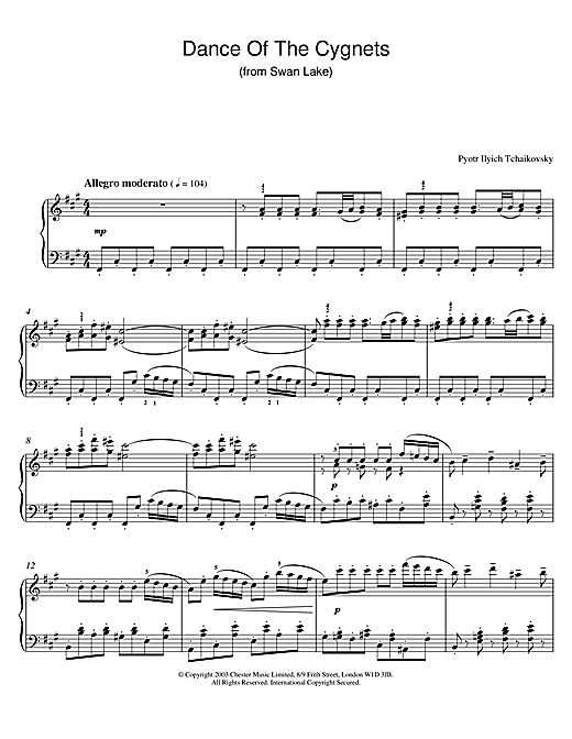 Preview Pyotr Ilyich Tchaikovsky Dance Of The Cygnets (from Swan Lake) Classical sheet music, notes and chords for Piano, SKU: 26036 sheet music, piano notes, chords, guitar tabs, score, transpose, transcribe, how to play, guide, download, learn, tutorial, progression, song, artist, awards, billboard, mtv, vh1, tour, single, album, release