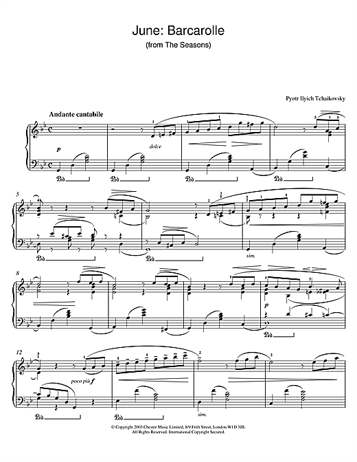 Preview Pyotr Ilyich Tchaikovsky June: Barcarolle (from The Seasons) Classical sheet music, notes and chords for Piano, SKU: 26037 sheet music, piano notes, chords, guitar tabs, score, transpose, transcribe, how to play, guide, download, learn, tutorial, progression, song, artist, awards, billboard, mtv, vh1, tour, single, album, release