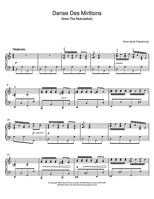 Preview Pyotr Ilyich Tchaikovsky Danse Des Mirlitons (from The Nutcracker) Classical sheet music, notes and chords for Piano, SKU: 26039 sheet music, piano notes, chords, guitar tabs, score, transpose, transcribe, how to play, guide, download, learn, tutorial, progression, song, artist, awards, billboard, mtv, vh1, tour, single, album, release