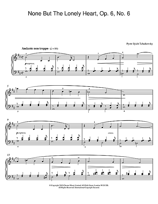 Preview Pyotr Ilyich Tchaikovsky None But The Lonely Heart, Op. 6, No. 6 Classical sheet music, notes and chords for Piano, SKU: 26040 sheet music, piano notes, chords, guitar tabs, score, transpose, transcribe, how to play, guide, download, learn, tutorial, progression, song, artist, awards, billboard, mtv, vh1, tour, single, album, release