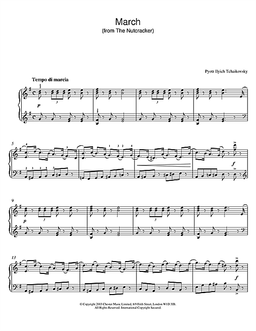 Preview Pyotr Ilyich Tchaikovsky March Of The Toys (from The Nutcracker Suite) Classical sheet music, notes and chords for Piano, SKU: 26041 sheet music, piano notes, chords, guitar tabs, score, transpose, transcribe, how to play, guide, download, learn, tutorial, progression, song, artist, awards, billboard, mtv, vh1, tour, single, album, release