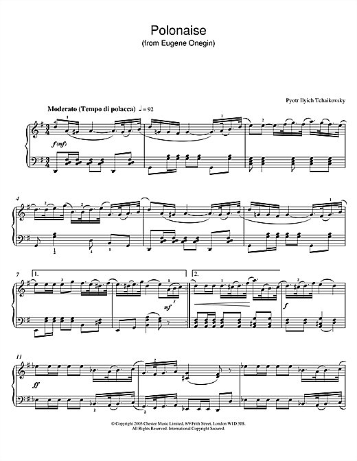 Preview Pyotr Ilyich Tchaikovsky Polonaise (from Eugene Onegin) Classical sheet music, notes and chords for Piano, SKU: 26043 sheet music, piano notes, chords, guitar tabs, score, transpose, transcribe, how to play, guide, download, learn, tutorial, progression, song, artist, awards, billboard, mtv, vh1, tour, single, album, release