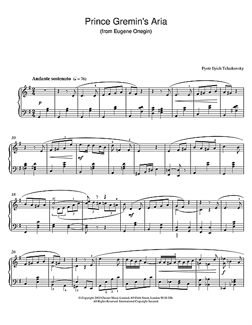 Preview Pyotr Ilyich Tchaikovsky Prince Gremin's Aria (from Eugene Onegin) Classical sheet music, notes and chords for Piano, SKU: 26044 sheet music, piano notes, chords, guitar tabs, score, transpose, transcribe, how to play, guide, download, learn, tutorial, progression, song, artist, awards, billboard, mtv, vh1, tour, single, album, release