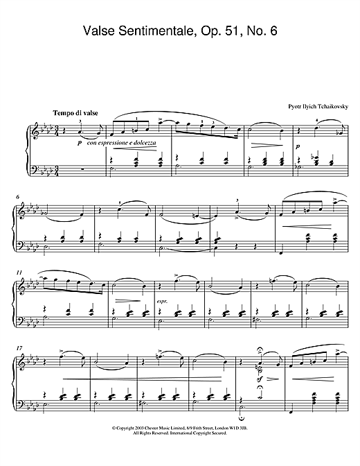 Preview Pyotr Ilyich Tchaikovsky Valse Sentimentale, Op. 51, No. 6 Classical sheet music, notes and chords for Piano, SKU: 26046 sheet music, piano notes, chords, guitar tabs, score, transpose, transcribe, how to play, guide, download, learn, tutorial, progression, song, artist, awards, billboard, mtv, vh1, tour, single, album, release