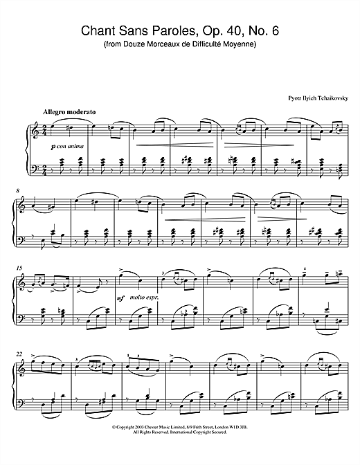 Preview Pyotr Ilyich Tchaikovsky Chant Sans Paroles, Op. 40, No. 6 (from Douze Morceaux de Difficulté Moyenne) Classical sheet music, notes and chords for Piano, SKU: 26049 sheet music, piano notes, chords, guitar tabs, score, transpose, transcribe, how to play, guide, download, learn, tutorial, progression, song, artist, awards, billboard, mtv, vh1, tour, single, album, release