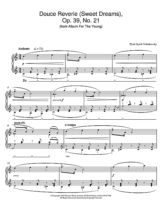 Preview Pyotr Ilyich Tchaikovsky Douce Reverie (Sweet Dreams), Op. 39, No. 21 (from Album For The Young) Classical sheet music, notes and chords for Piano, SKU: 26053 sheet music, piano notes, chords, guitar tabs, score, transpose, transcribe, how to play, guide, download, learn, tutorial, progression, song, artist, awards, billboard, mtv, vh1, tour, single, album, release