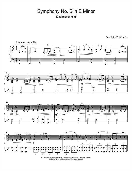 Preview Pyotr Ilyich Tchaikovsky Symphony No. 5 in E Minor (2nd movement) Classical sheet music, notes and chords for Piano, SKU: 26054 sheet music, piano notes, chords, guitar tabs, score, transpose, transcribe, how to play, guide, download, learn, tutorial, progression, song, artist, awards, billboard, mtv, vh1, tour, single, album, release
