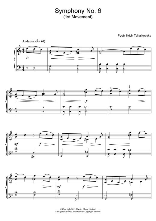 Preview Pyotr Ilyich Tchaikovsky Symphony No. 6 (1st Movement) Classical sheet music, notes and chords for Piano, SKU: 26055 sheet music, piano notes, chords, guitar tabs, score, transpose, transcribe, how to play, guide, download, learn, tutorial, progression, song, artist, awards, billboard, mtv, vh1, tour, single, album, release