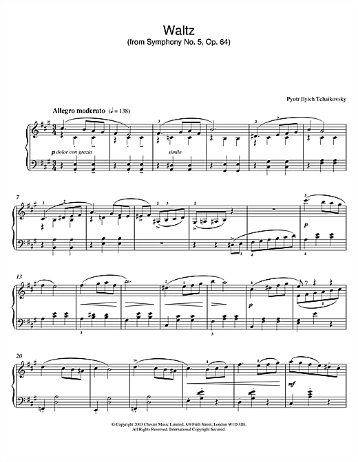 Preview Pyotr Ilyich Tchaikovsky Waltz (from Symphony No. 5, Op. 64) Classical sheet music, notes and chords for Piano, SKU: 26060 sheet music, piano notes, chords, guitar tabs, score, transpose, transcribe, how to play, guide, download, learn, tutorial, progression, song, artist, awards, billboard, mtv, vh1, tour, single, album, release